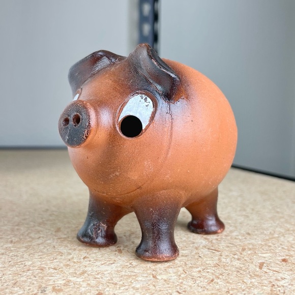 VTG Ceramic Kitschy Piggy Bank Handmade Shelf Decor Orange Animal Figurine - Picture 1 of 16